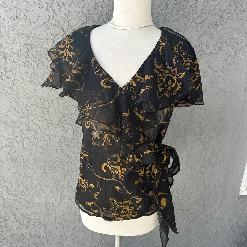 Ralph Lauren Wrap Tie Black & Gold Sheer Blouse Top Size 6